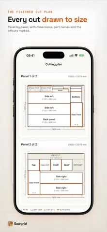 Sawgrid cutting plan screen showing two panels of 2800 by 2070 millimetres with every part drawn to size, named and dimensioned, and the offcut marked.