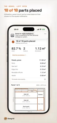 Sawgrid result screen reading 18 of 18 parts placed, 82.7 percent used, 2 reusable offcuts, with the area balance opened up line by line.