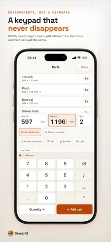 Sawgrid part entry screen with width, height and quantity fields, a numeric keypad that stays on screen, and grain direction buttons underneath.