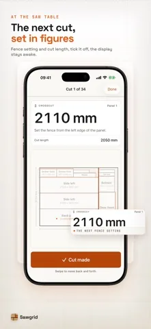 Sawgrid saw table mode showing cut 1 of 34 with the fence setting 2110 millimetres in large figures and a Cut made button.
